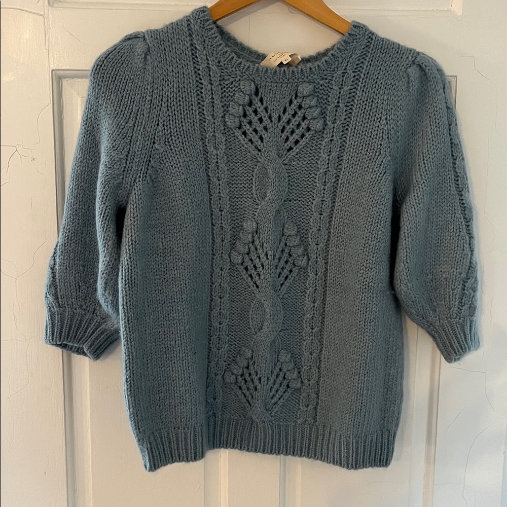 SEZANE Light Blue Mohair Wool Knit Short Sleeve Cableknit Sweater Pull Giulia - Picture 2 of 5